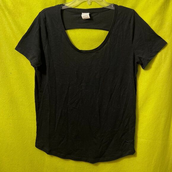 VS PINK L Open Back Tee Large Victoria’s Secret Black Short Sleeve - Picture 1 of 6